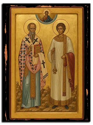Карп, епископ Фиатирский, священномученик Папила, диакон, священномученик — икона на дереве