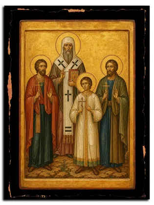 Нирса, епископ и мученик Иосиф, ученик его, священномученики Иоанн и Саверий, священномученик — икона на дереве