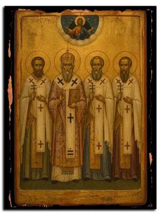 Священномученики Патрикий, епископ Прусский, и с ним три пресвитера: Акакий, Менандр и Полиен — икона на дереве