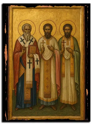 Священномученики Симеон, епископ Персидский, Авделай, пресвитер и Анания, пресвитер, мученики Хусдазат, Фусик — икона на дереве