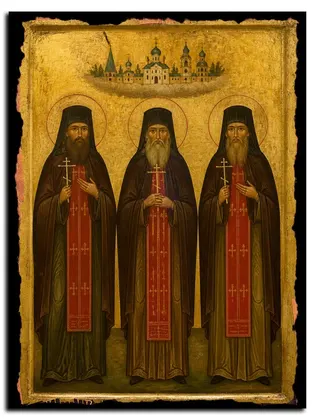 Оптинские новомученики – иеромонах Василий, инок Трофим и инок Ферапонт — икона на дереве
